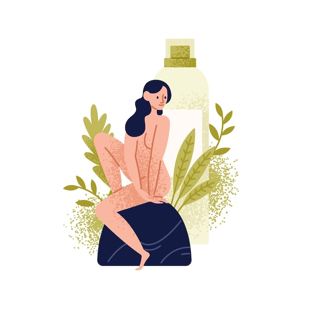 Naked woman sit on stone with giant bottle of lotion vector flat illustration. female surrounded by tropical branches with tube of skin care cream isolated on white. eco friendly organic cosmetics.