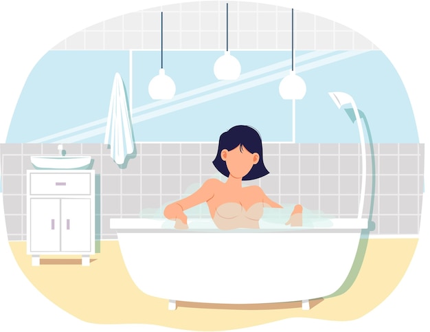 Naked woman sitting in bathtub with hot water Trendy bathroom modern interior design Girl is taking bath Cleansing skin and hair concept Female character relaxing in home sauna with steam