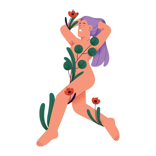 Vettore donna nuda con fiori piante ragazza nuda ama se stessa prendersi cura di se stessa sessualità naturale femminile sensualità salute femminile accettazione del corpo illustrazione vettoriale piatta isolata su sfondo bianco