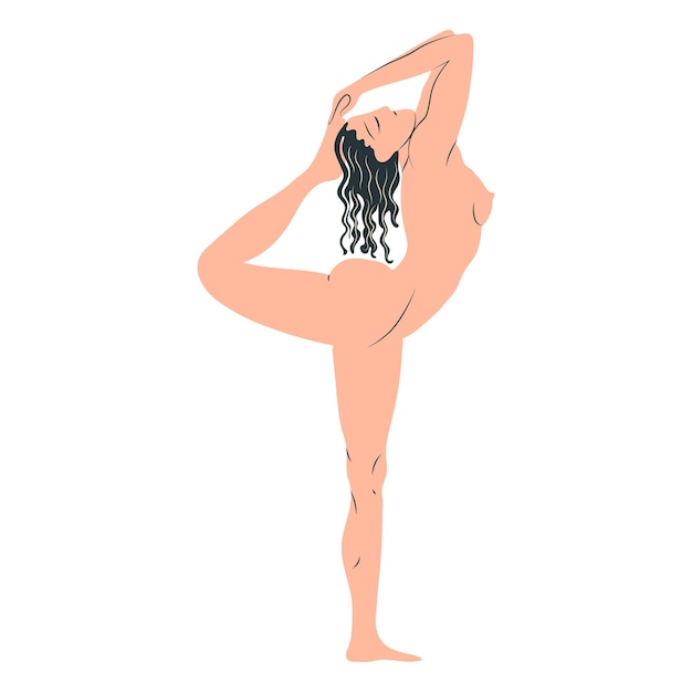 Naked young woman performing physical exercises female cartoon character demonstrating yoga