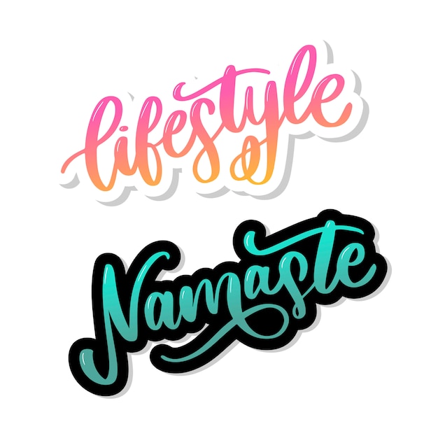 Vector namaste en lifestyle belettering set