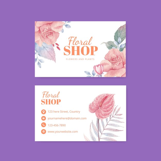 Modello di biglietto da visita con concetto di fiore tropicale pastello in stile acquerello