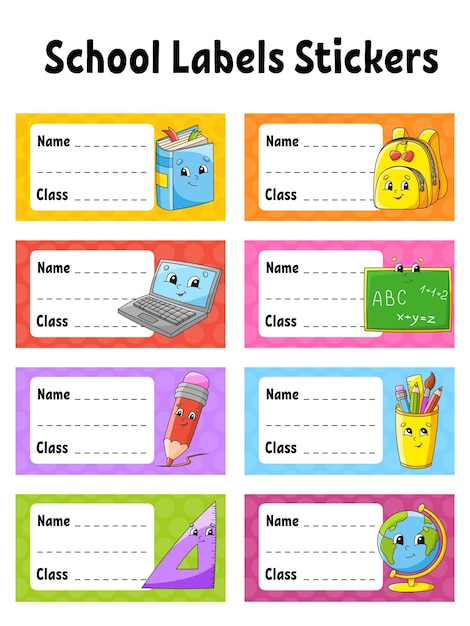 Name and class Back to school labels Set stickers for notebook Bright stickers Rectangular label