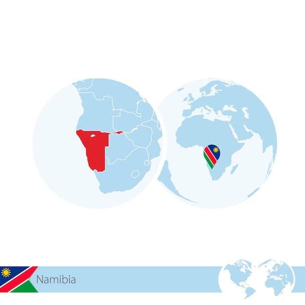 Намибия на земном шаре с флагом и региональной картой Намибии. Векторные иллюстрации.