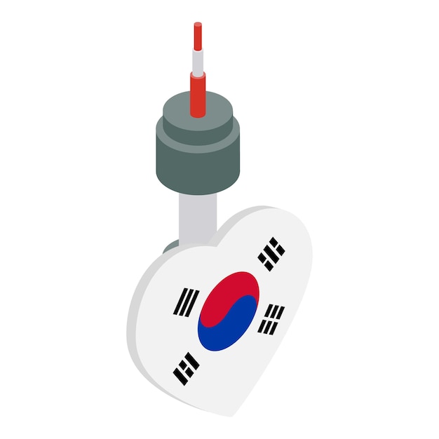 Vettore vettore isometrico dell'icona della torre namsan punto di riferimento e bandiera del paese della corea del sud simbolo della torre della tv di seoul