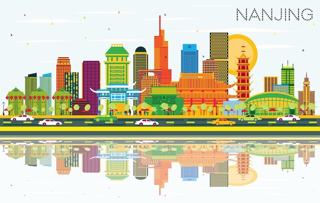 Nanjing China City Skyline met kleur gebouwen, blauwe lucht en reflecties. Vectorillustratie. Zakelijke reizen en toerisme illustratie met moderne architectuur. Nanjing stadsgezicht met monumenten.