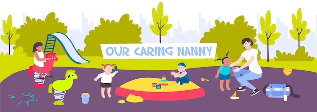 Nanny die met kinderen op speelplaats loopt en de vlakke illustratie van het huilende meisje kalmeert,