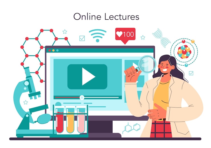 Vector nano engineering online service or platform. scientists work with nanoparticle for medicine and technology development. online lecture. vector flat illustration.