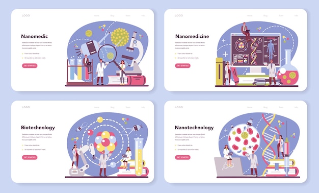 벡터 nanomedic 웹 배너 또는 방문 페이지 세트. 과학자들은 나노 기술에 대해 labarotary에서 일합니다.