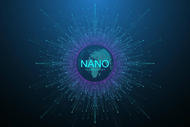 Nanotechnology abstract background. cyber technology concept. artificial intelligence, virtual reality, bionics, robotics, global network, microprocessor, nano robots. vector illustration, banner.