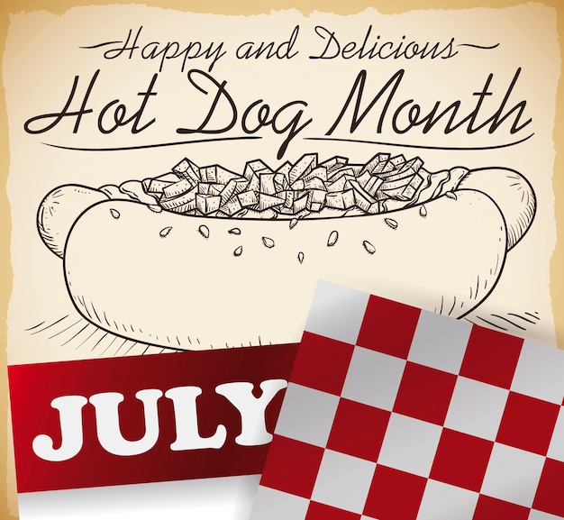 Vettore servetto con calendario e disegno disegnato a mano per il mese degli hot dog