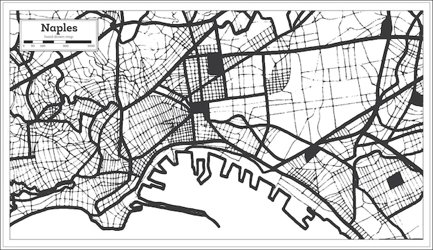 Mappa della città di napoli in bianco e nero in stile retrò