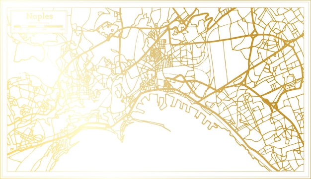 黄金色のアウトライン マップでレトロなスタイルのナポリ イタリア都市マップ