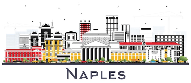 흰색 절연 색상 건물과 나폴리 이탈리아 도시의 스카이 라인. 벡터 일러스트 레이 션. 현대 건축과 비즈니스 여행 및 관광 개념입니다. 랜드마크가 있는 나폴리 도시 풍경.