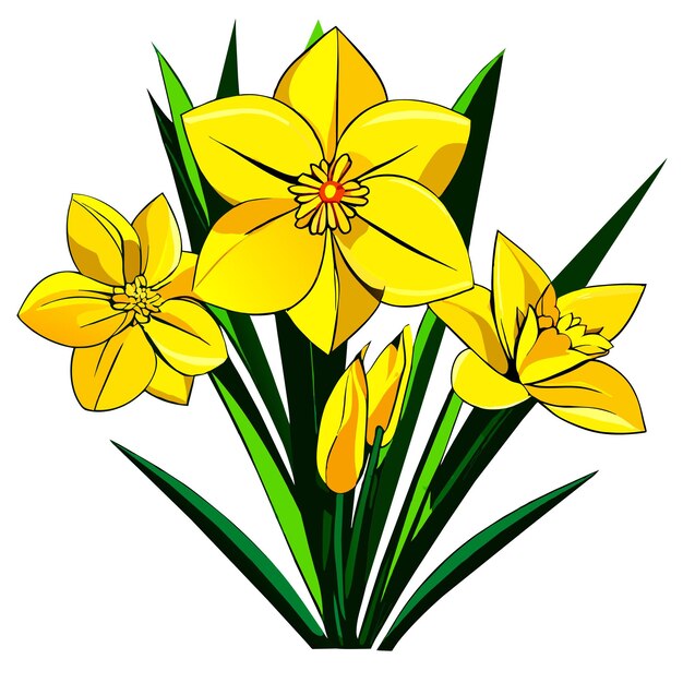 Vector narcissen en gele tulpen bloeien met groene bladeren