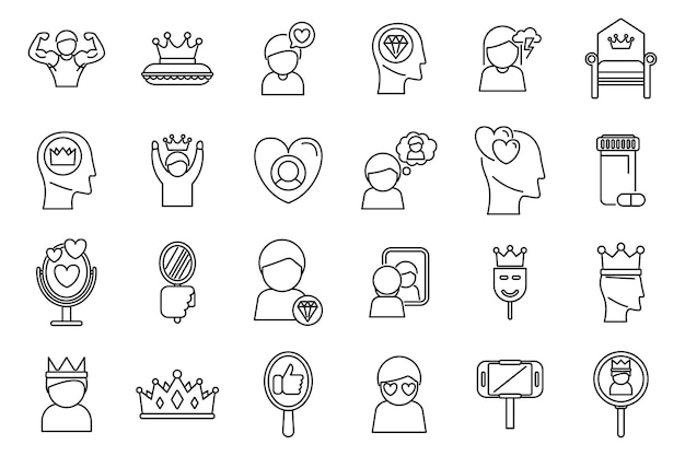 Narcissism icons set outline vector Mental health