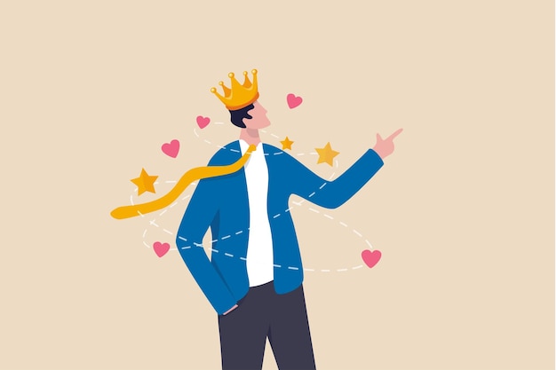 Narcissist people, extreme self involvement too much confident disorder, so proud attitude egocentric person, narcissism businessman admire himself and proud of his crown with love and stars around.