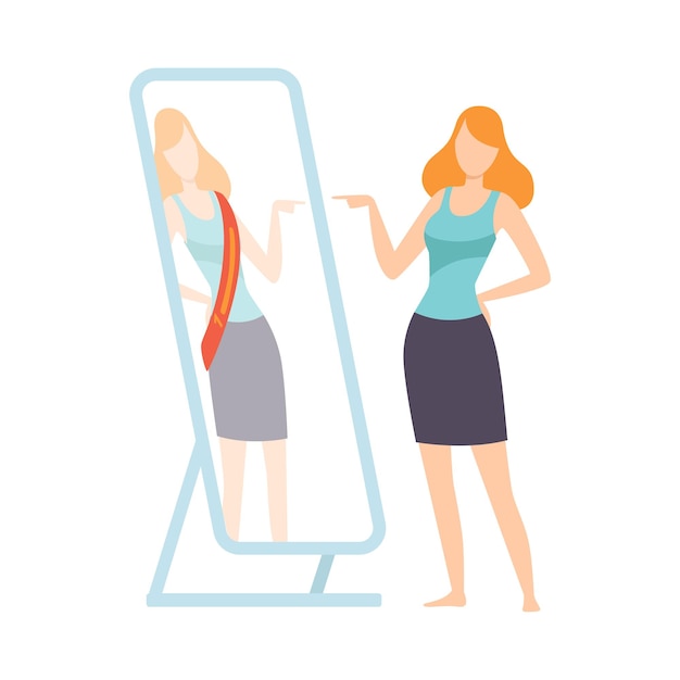 Narcissistic Woman Character Looking at Mirror Pretend to Be Successfull Girl Overestimate Herself Self Confidence Motivation Vector Illustration on White Background