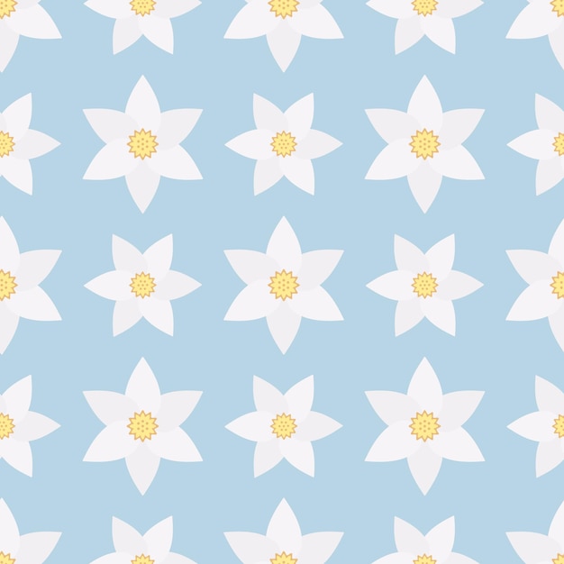 Narcissus flower seamless pattern in flat style on blue background