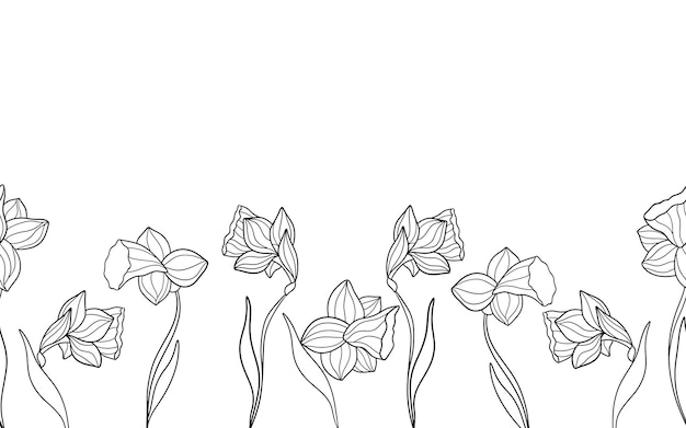 Vector narcissus horizontal ink botanical flower pattern black and white ink art