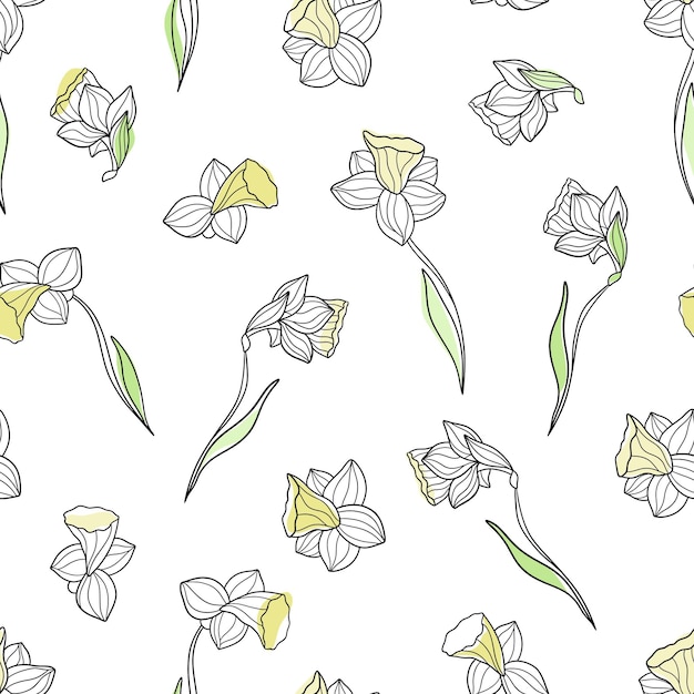 Narcissus naadloze bloemenpatroon botanische omtrek schets tekening ontwerp vectorillustratie