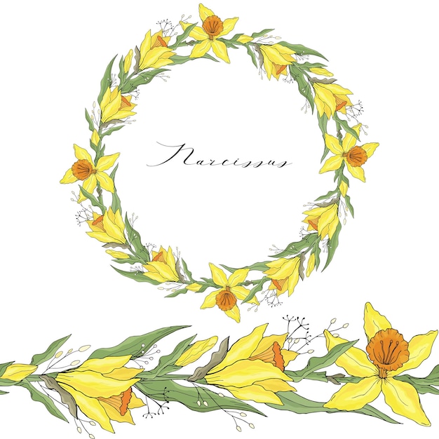 白い背景に分離された水仙の花輪 ベクトル手描きの花の要素の背景