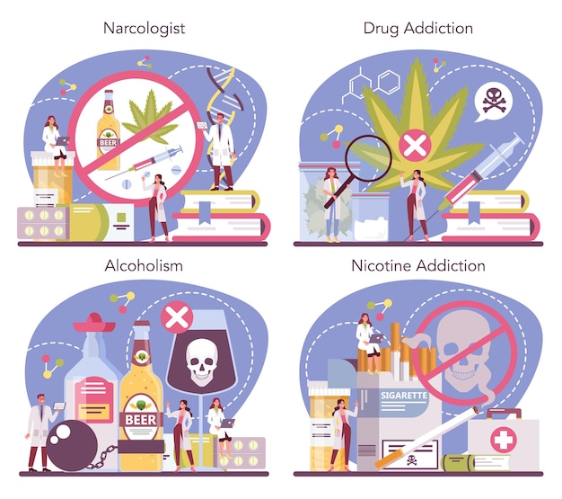 Vector narcoloog concept set. professionele medisch specialist. drugs-, alcohol- en tabaksverslaving. idee van medische behandeling voor drugsverslaafden.