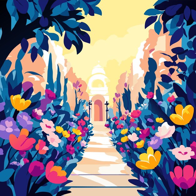 Vector narrow pathway in a garden surrounded by a lot of colorful flowers vector illustration