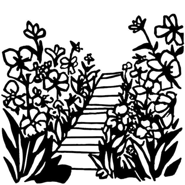 Vettore stretto sentiero in un giardino circondato da un sacco di fiori colorati illustrazione vettoriale