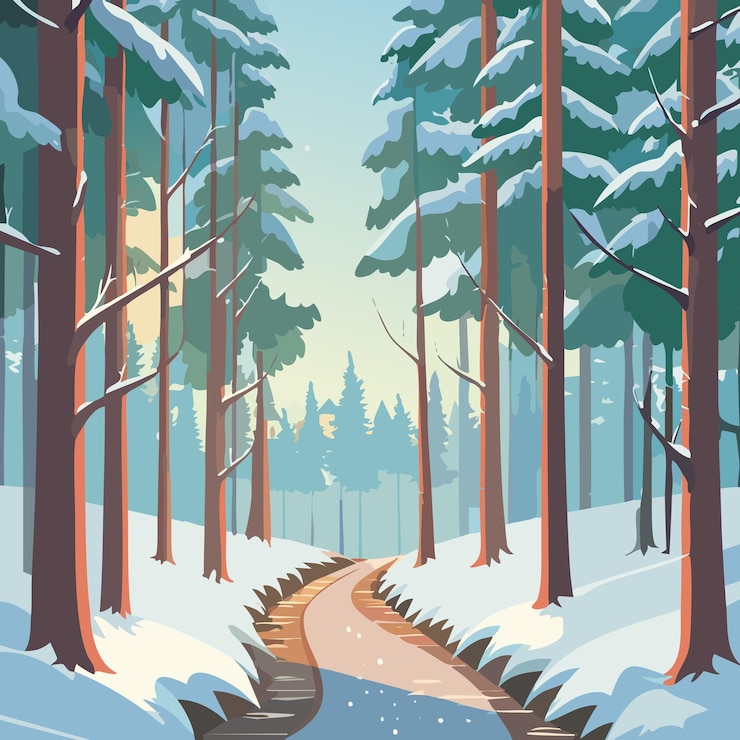 Vector narrow pathway through a snow forest