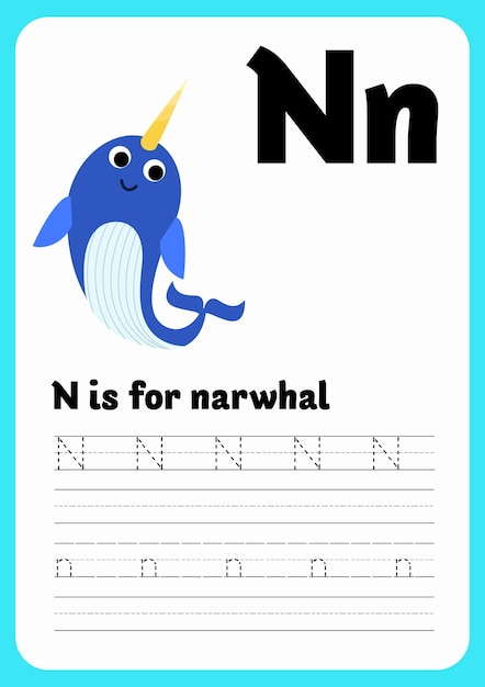 Premium Vector | Narwhal animal tracing letter n