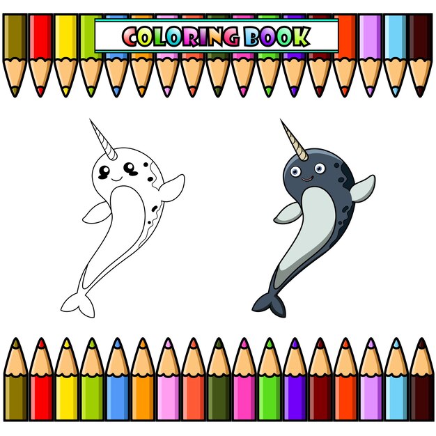 Narwhal cartoon for coloring book