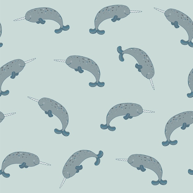 Narwhal ocean animal vector seamless pattern