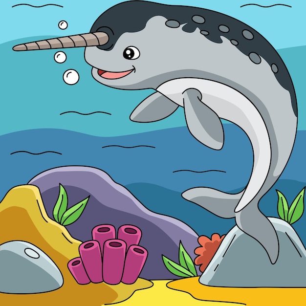 Narwhal in Ocean Cartoon Colored Illustration