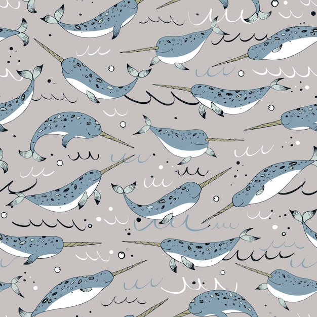 Narwhal sea animal vector seamless pattern