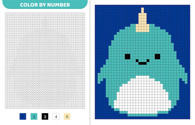 Narwhal squishmallow Color by number Pixel coloring book Numbered squares Game for kids Pixel art Isolated vector illustration eps 10