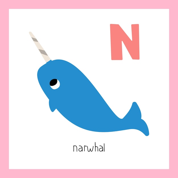 Narwhale letter n english alphabet for kids vector illustration