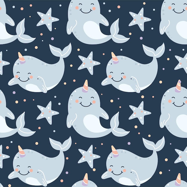 Narwhals and starfishes seamless pattern