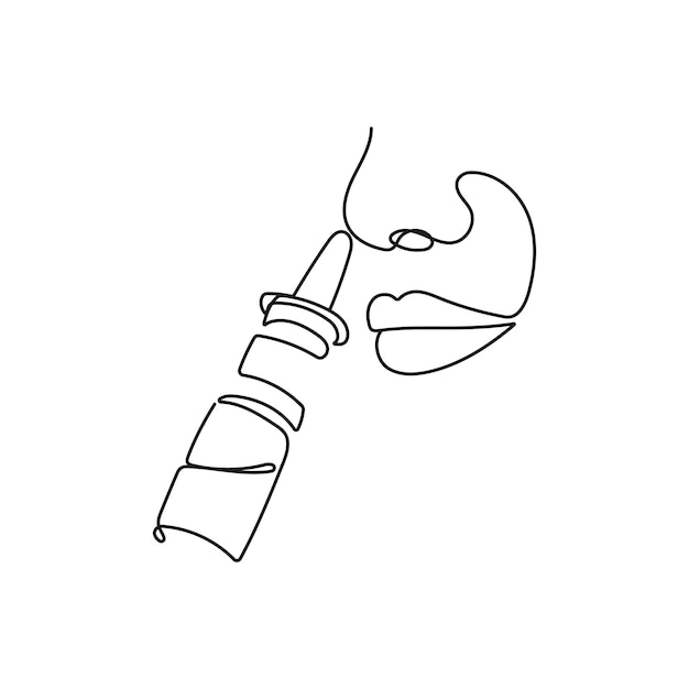 Vector nasal spray bottle and nose one line hand drawn vector illustration healthcare medical concept