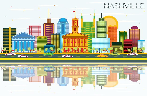 Nashville Skyline met kleur gebouwen, blauwe lucht en reflecties. Vectorillustratie. Zakelijk reizen en toerisme Concept met moderne architectuur. Afbeelding voor presentatiebanner en website.