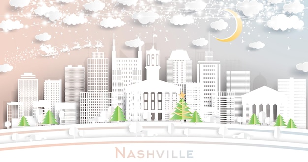 Nashville Tennessee USA City Skyline in Paper Cut Style with Snowflakes Moon and Neon Garland