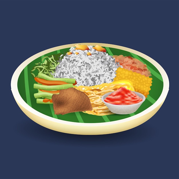 Векторная иллюстрация индонезийской кухни Nasi Campur