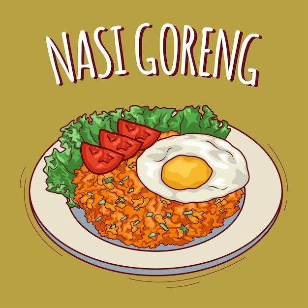 Illustrazione di nasi goreng cibo indonesiano con stile cartone animato