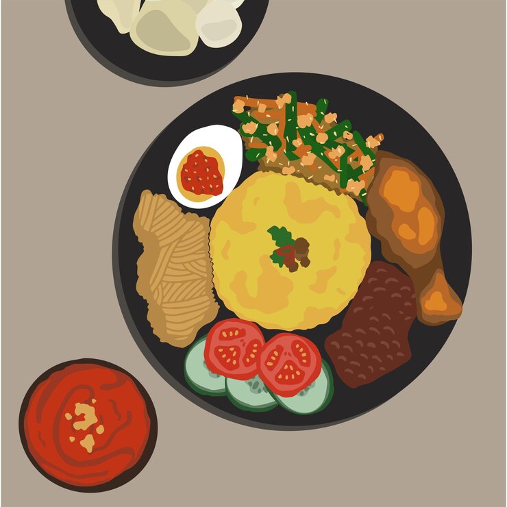 Vector nasi kuning 또는 yellow rice 아시아 요리 일러스트레이션을 위한 전통 인도네시아 음식