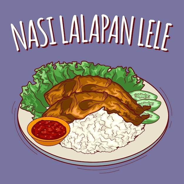 Nasi lalapan lele illustratie Indonesisch eten met cartoonstijl