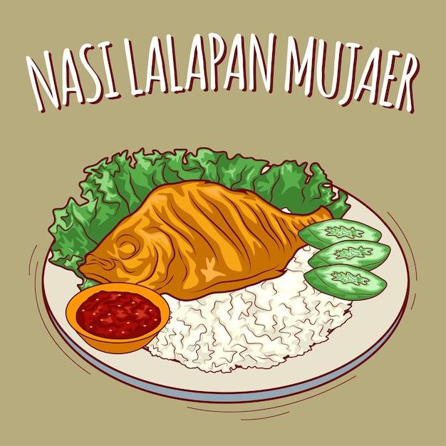 Vettore nasi lalapan mujair illustrazione cibo indonesiano con stile cartone animato