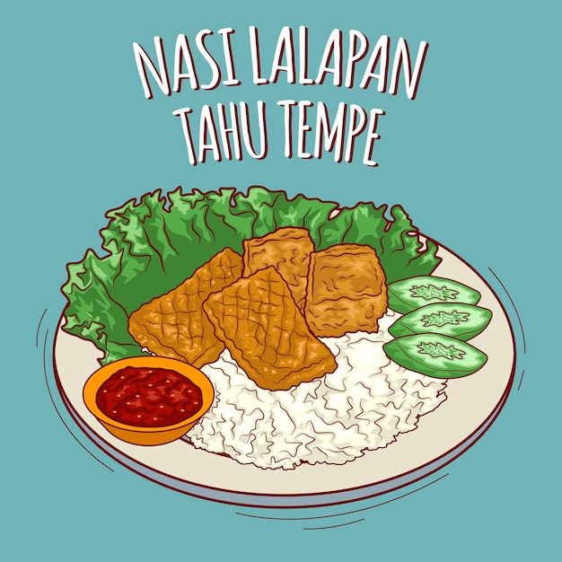 Vector nasi lalapan tahu tempe illustration indonesian food with cartoon style