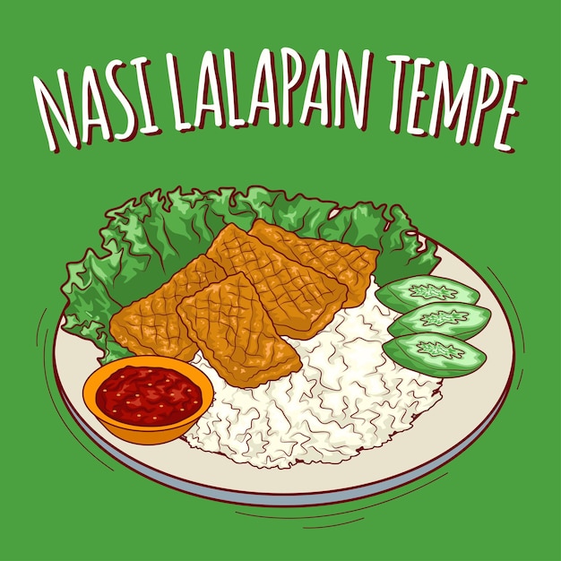 Nasi lalapan tempe illustration Indonesian food with cartoon style