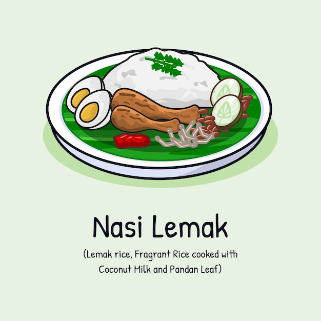 Vettore nasi lemak o riso al latte di cocco con arachidi d'uovo d'uovo malesia cibo tradizionale