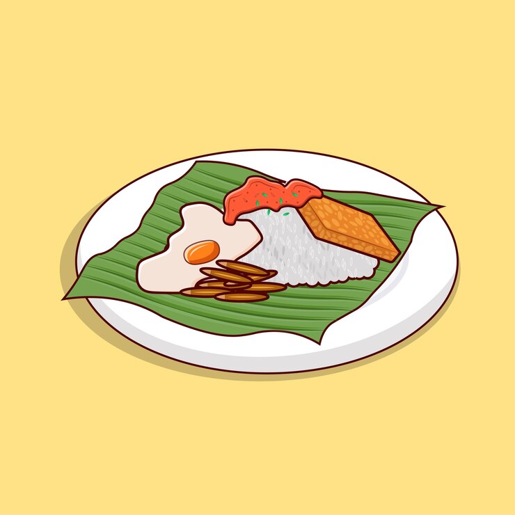 Vector nasi lemak, tempe, rice, egg, and small fish for traditional food icon